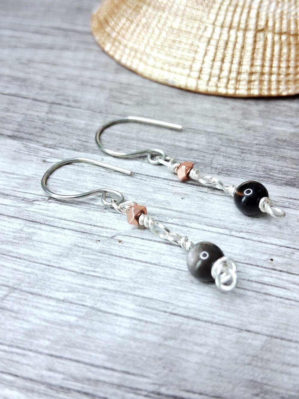 Dainty Silver Sheen Black Obsidian Gemstone Drop Earrings Hematite Accents